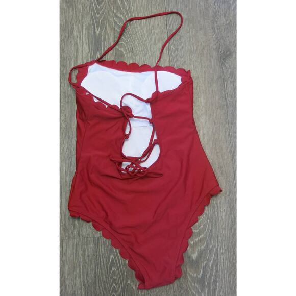 BEACHSISSI *NWOT* One Piece Swimsuit Bathing Size M Lace Up Ruffle Wine Red - Picture 8 of 14
